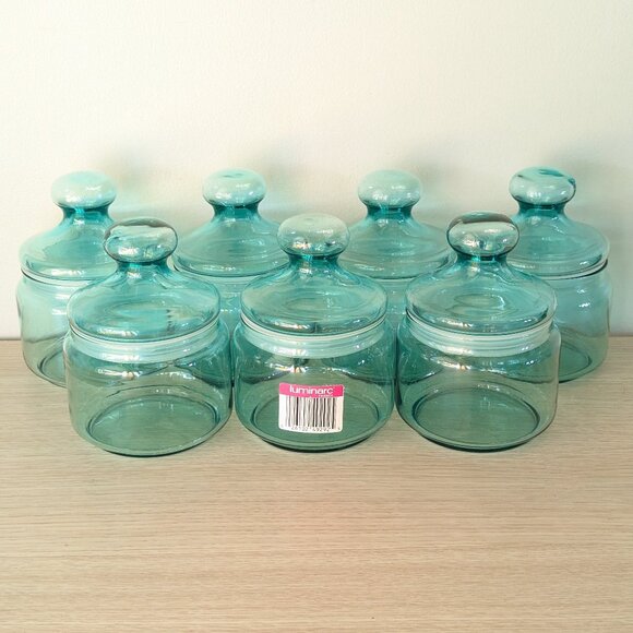 Vintage 2 LUMINARC aqua blue glass storage jars, Coastal FRENCH apothecary jars - Picture 8 of 10